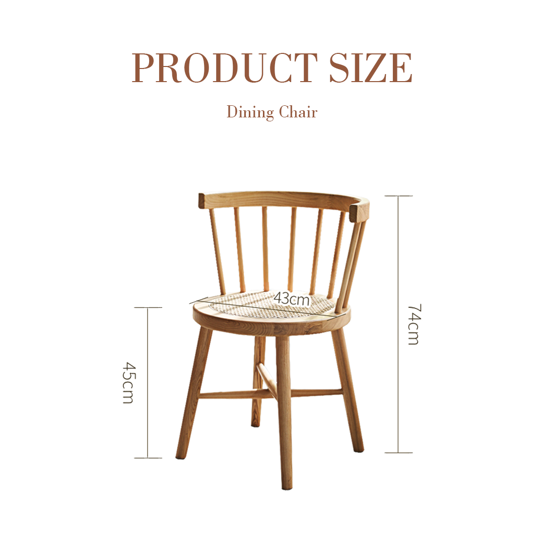 Light wood dining chair with woven cane seat and vertical spindles pairs perfectly with leocadia solid wood dining table