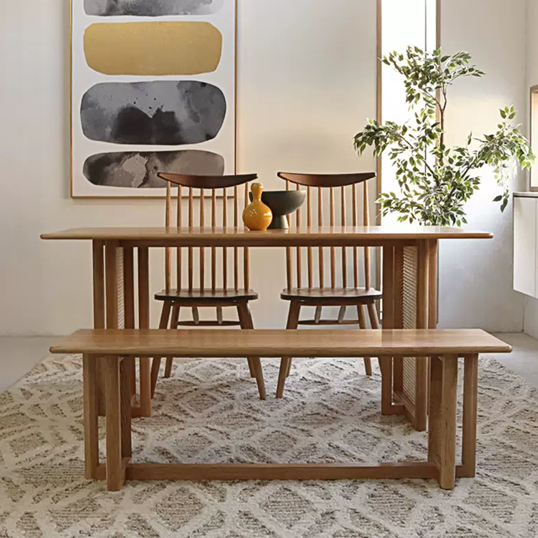Leocadia solid wood dining table set with light wood rectangular table, two chairs, and vertical slat bench for solid wood dining