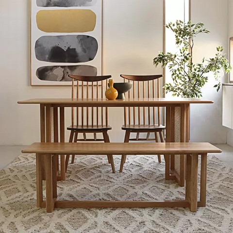 Leocadia solid wood dining table set with light wood rectangular table, two chairs, and vertical slat bench for solid wood dining