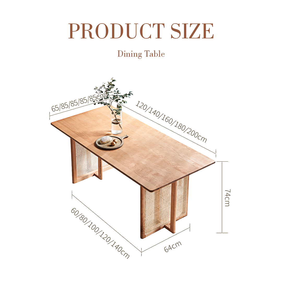 Leocadia solid wood dining table with light wood top and woven cane legs in a minimalist solid wood dining design