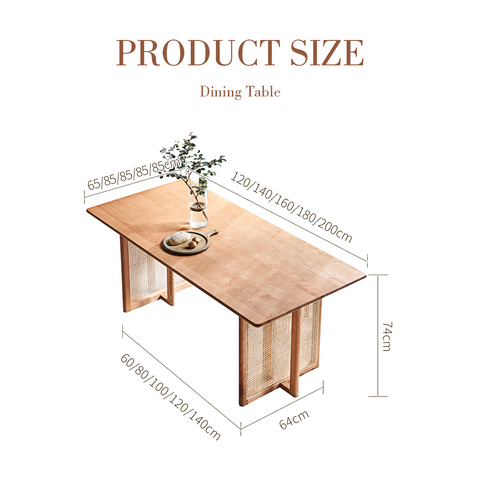 Leocadia solid wood dining table with light wood top and woven cane legs in a minimalist solid wood dining design