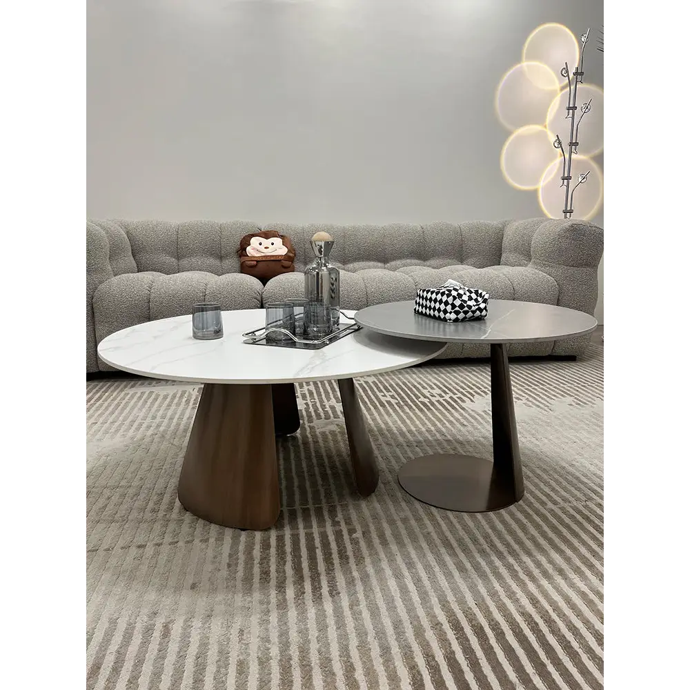 Leonor Nesting Coffee Table, Black And White Stone Top With Solid Wood Base｜ DC Concept