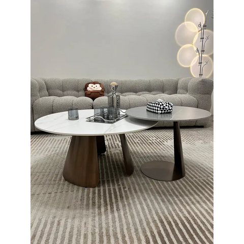 Leonor Nesting Coffee Table, Black And White Stone Top With Solid Wood Base｜ DC Concept