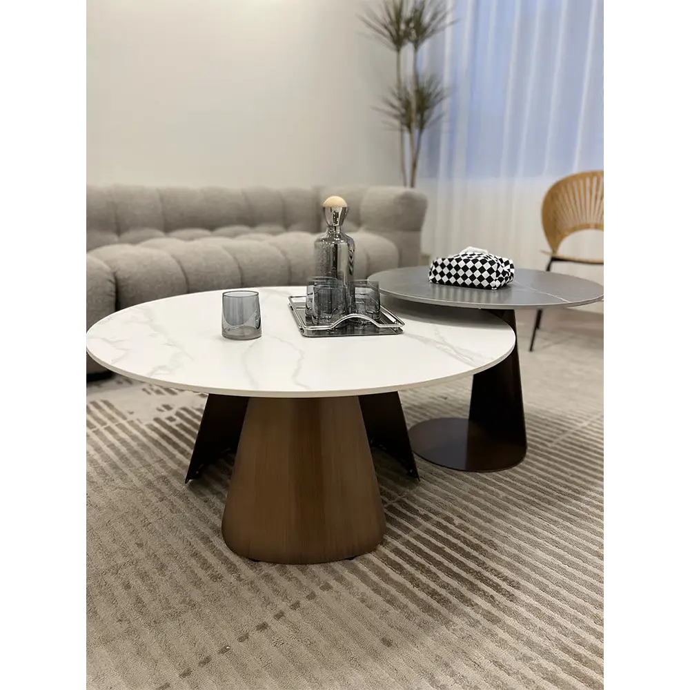 Leonor Nesting Coffee Table, Black And White Stone Top With Solid Wood Base｜ DC Concept