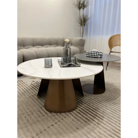 Leonor Nesting Coffee Table, Black And White Stone Top With Solid Wood Base｜ DC Concept