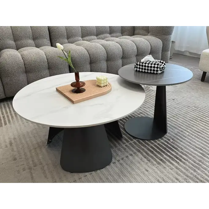 Leonor Nesting Coffee Table, Black And White Stone Top With Solid Wood Base｜ DC Concept
