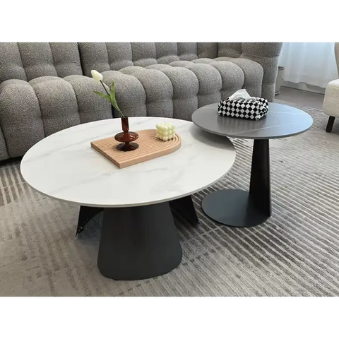 Leonor Nesting Coffee Table, Black And White Stone Top With Solid Wood Base｜ DC Concept