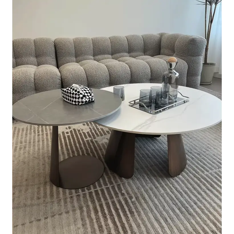 Leonor Nesting Coffee Table, Black And White Stone Top With Solid Wood Base｜ DC Concept