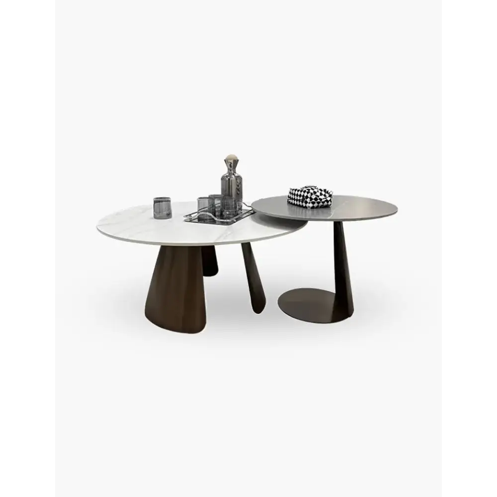 Leonor Nesting Coffee Table, Black And White Stone Top With Solid Wood Base｜ DC Concept