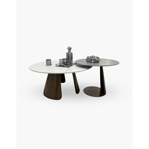 Leonor Nesting Coffee Table, Black And White Stone Top With Solid Wood Base｜ DC Concept