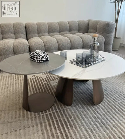 Leonor nesting coffee tables with sleek round marble tops and dark bronze steel bases for stylish living rooms
