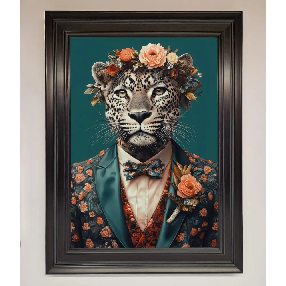 Leopard In a Suit With Flowers Framed Print - A1 (59.4 x 84.1 cm) / Matt Black - Framed Print