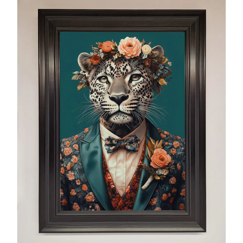 Leopard In a Suit With Flowers Framed Print - A1 (59.4 x 84.1 cm) / Matt Black - Framed Print