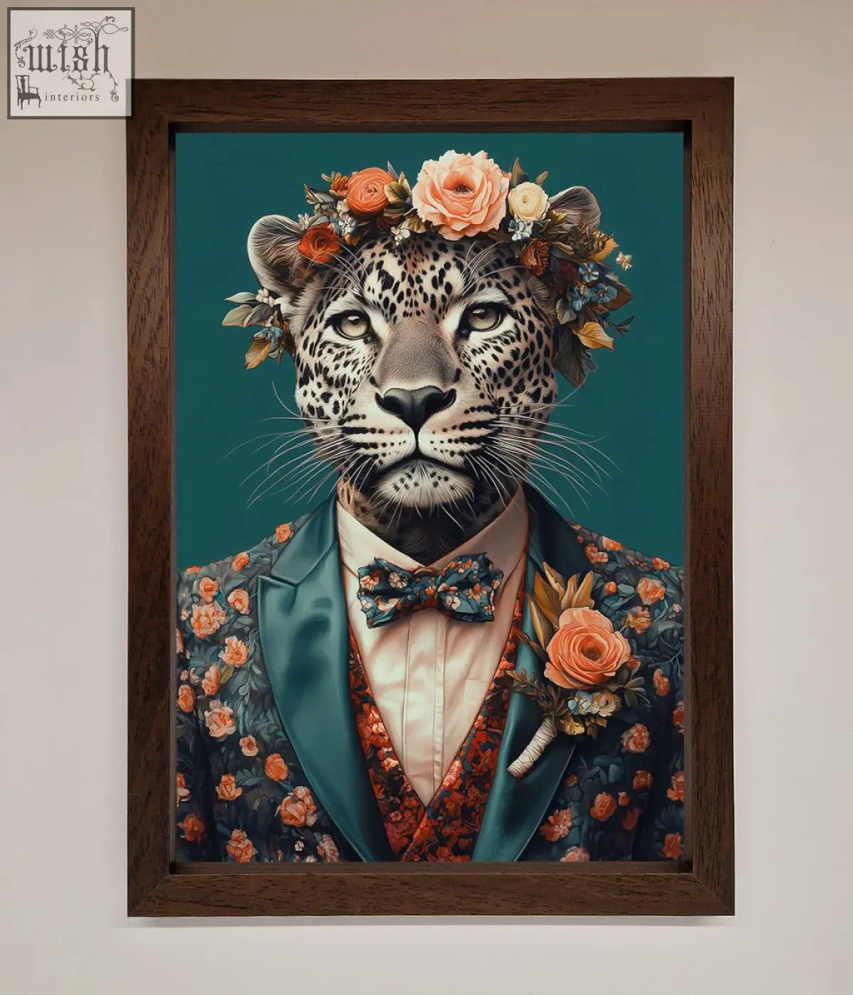 A framed print of a leopard in a floral suit with peach and orange blossoms perfect as a flowers framed print wall art
