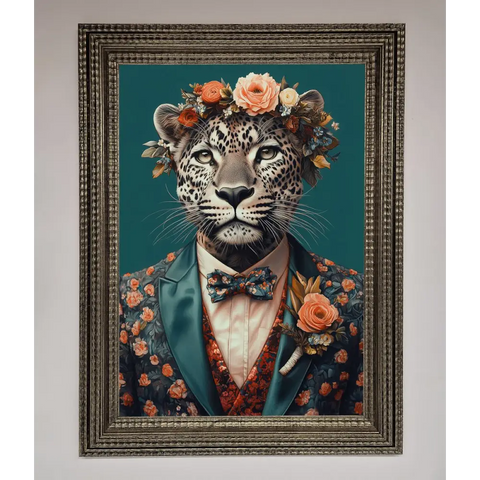 Leopard In a Suit With Flowers Framed Print - A3 (29.7 x 42 cm) / Ornate Silver - Framed Print