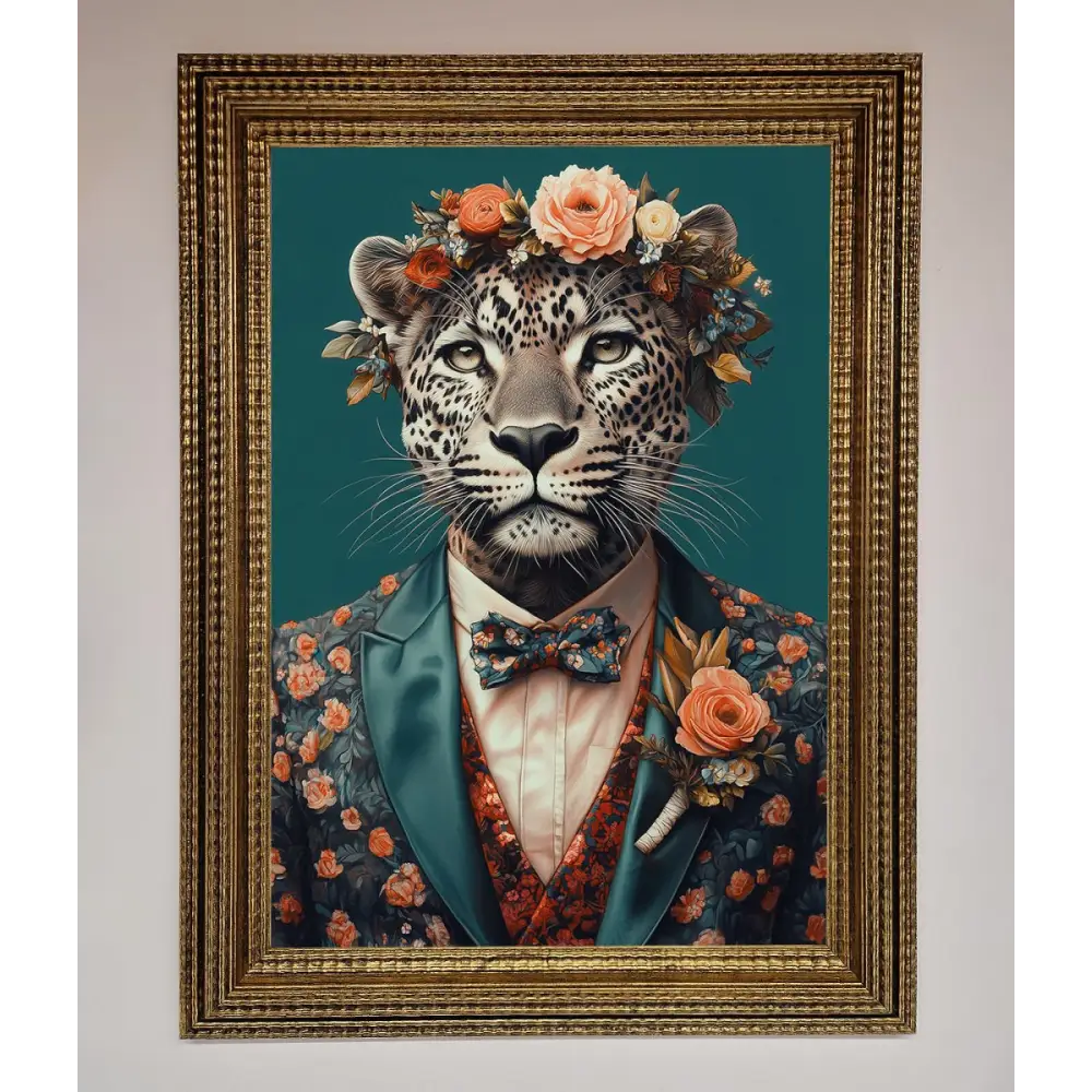 Leopard In a Suit With Flowers Framed Print - A3 (29.7 x 42 cm) / Ornate Gold - Framed Print