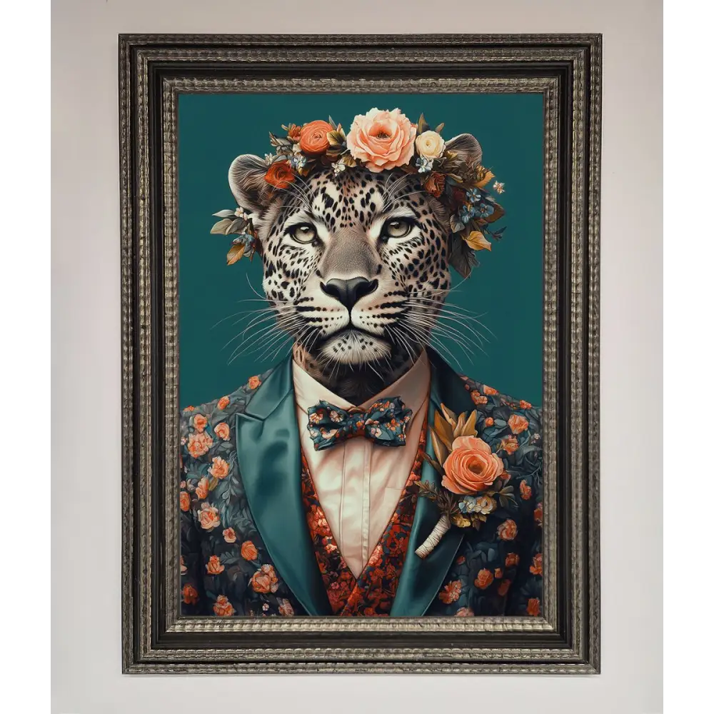 Leopard In a Suit With Flowers Framed Print - A3 (29.7 x 42 cm) / Ornate Silver Black - Framed Print