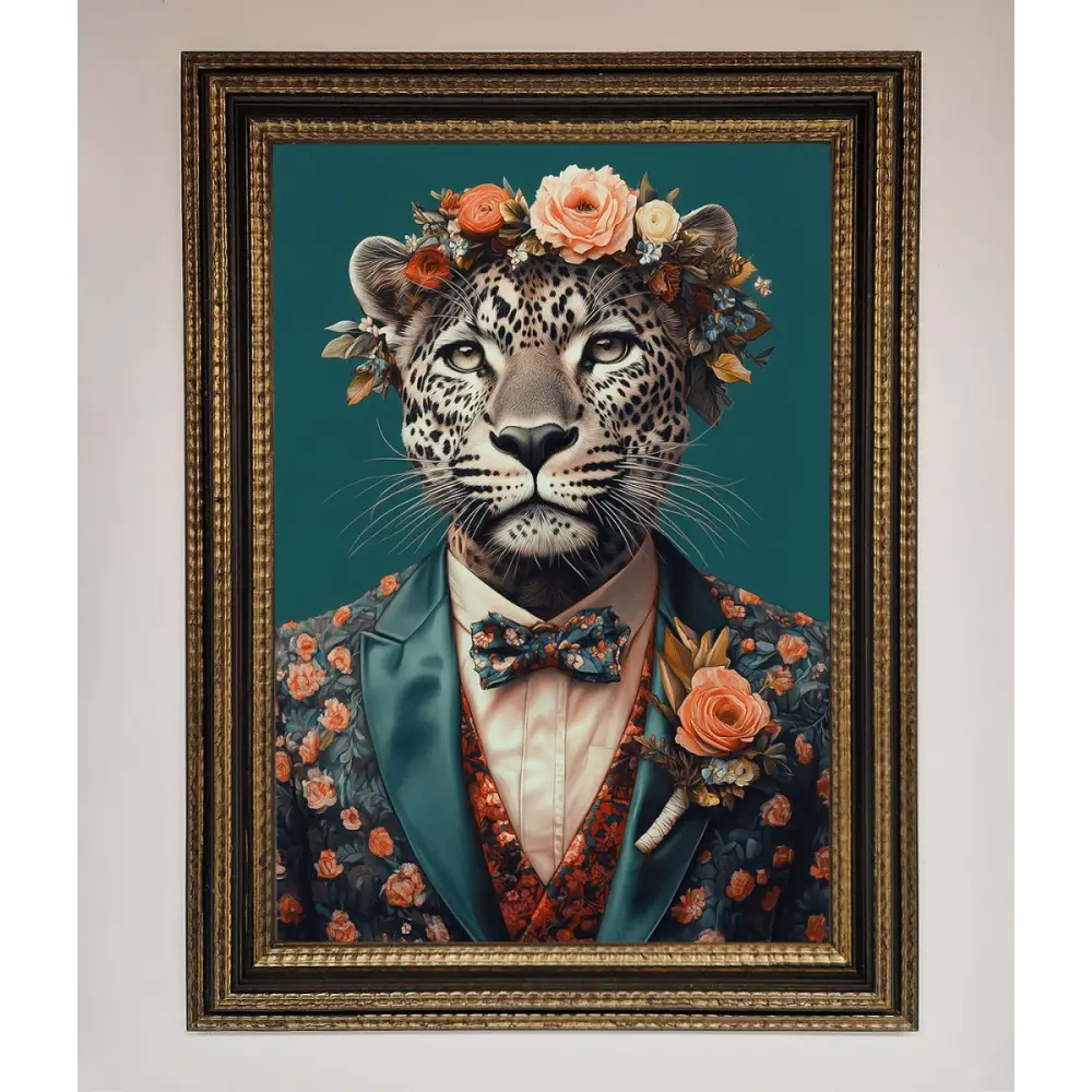 Leopard In a Suit With Flowers Framed Print - A3 (29.7 x 42 cm) / Ornate Gold Black - Framed Print