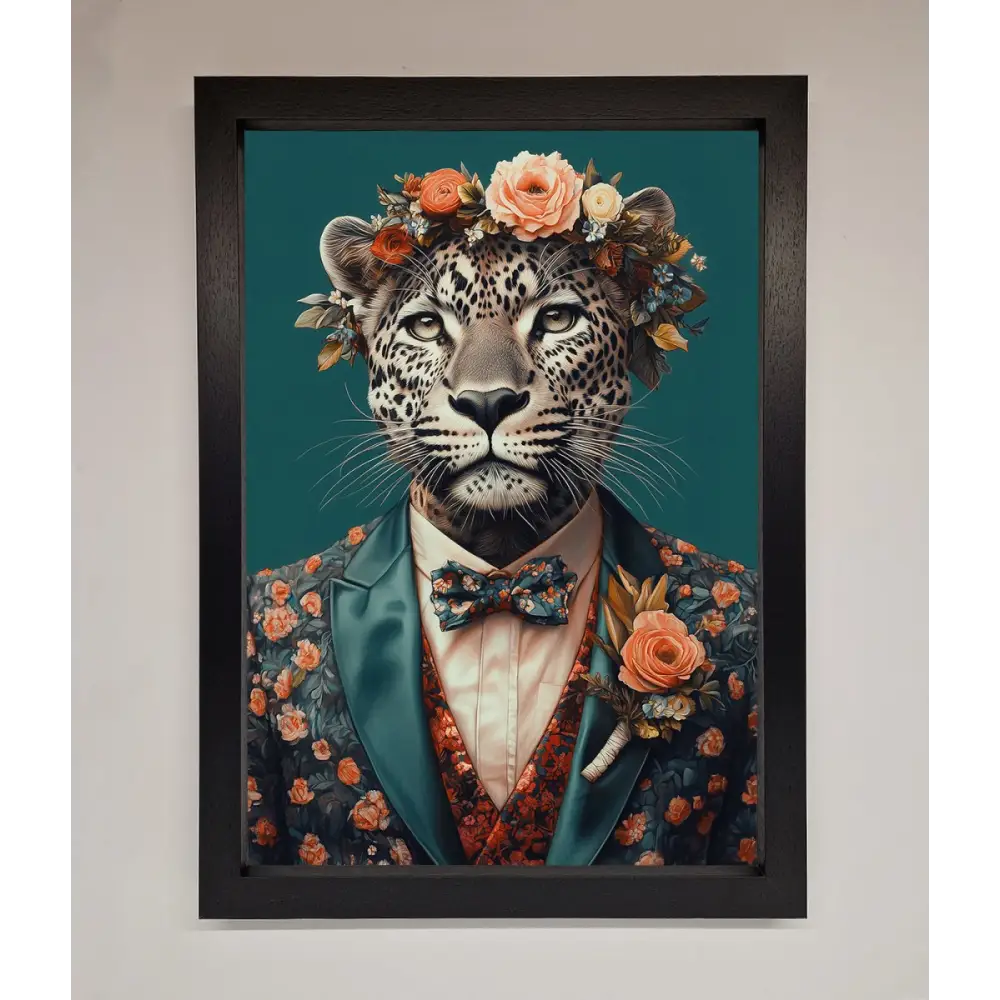 Leopard In a Suit With Flowers Framed Print - A3 (29.7 x 42 cm) / Black - Framed Print