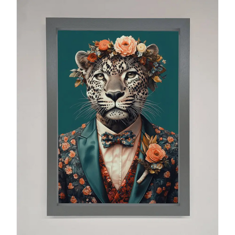 Leopard In a Suit With Flowers Framed Print - A3 (29.7 x 42 cm) / Dark Grey - Framed Print