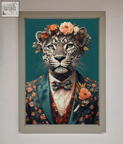 A framed print of a leopard in an elegant floral suit with a peach rose crown perfect for flowers framed print frame options