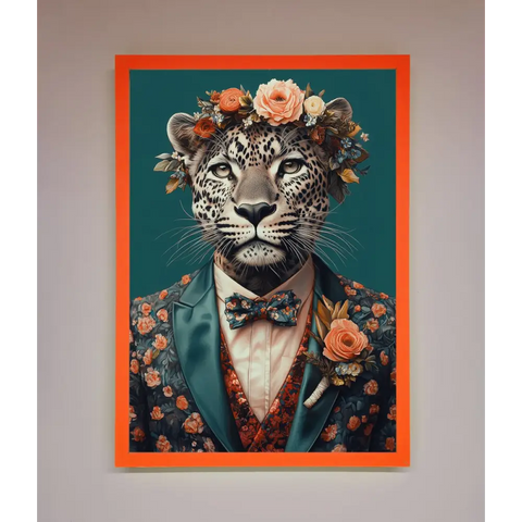 Leopard In a Suit With Flowers Framed Print - A3 (29.7 x 42 cm) / Neon Orange - Framed Print