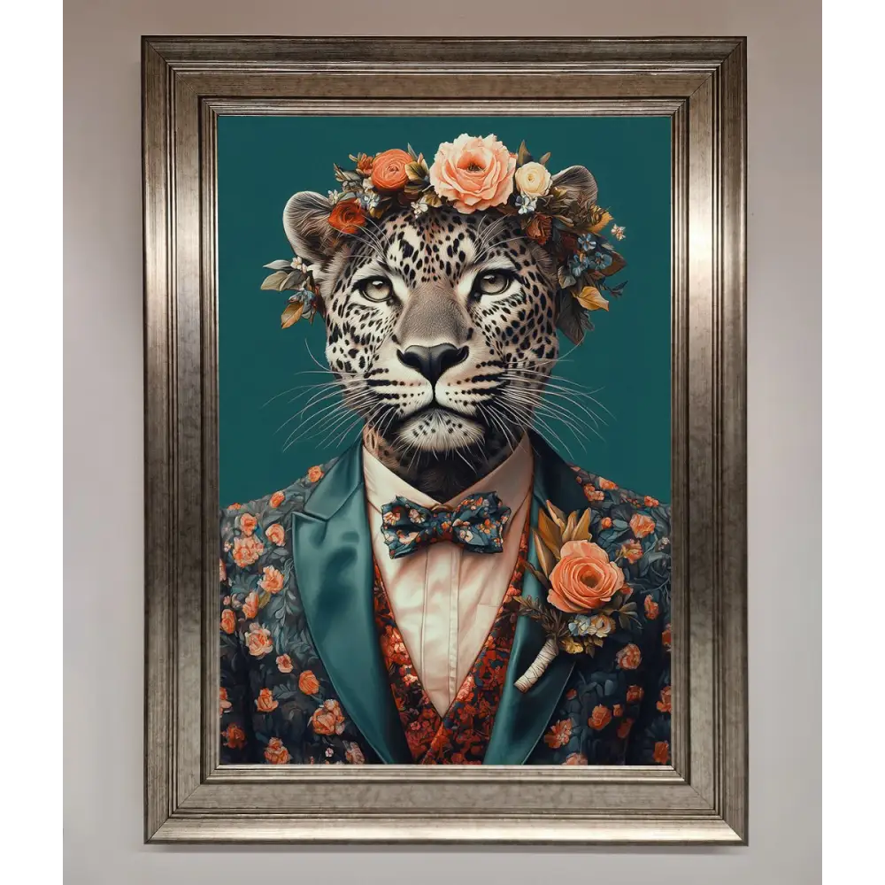 Leopard In a Suit With Flowers Framed Print - A3 (29.7 x 42 cm) / Silver - Framed Print