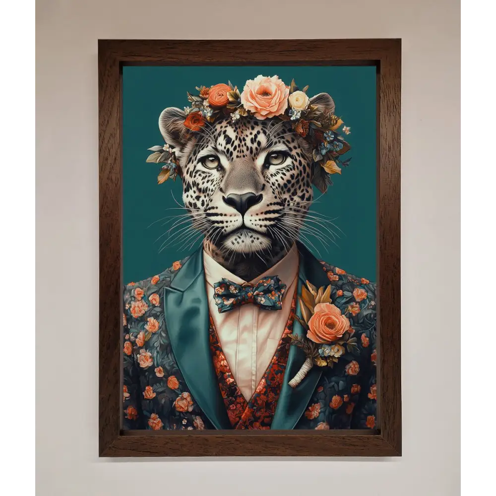 Leopard In a Suit With Flowers Framed Print - A3 (29.7 x 42 cm) / Walnut - Framed Print