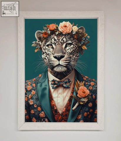 A framed print of a leopard in a floral suit with peach and orange roses perfect for flowers framed print and frame options