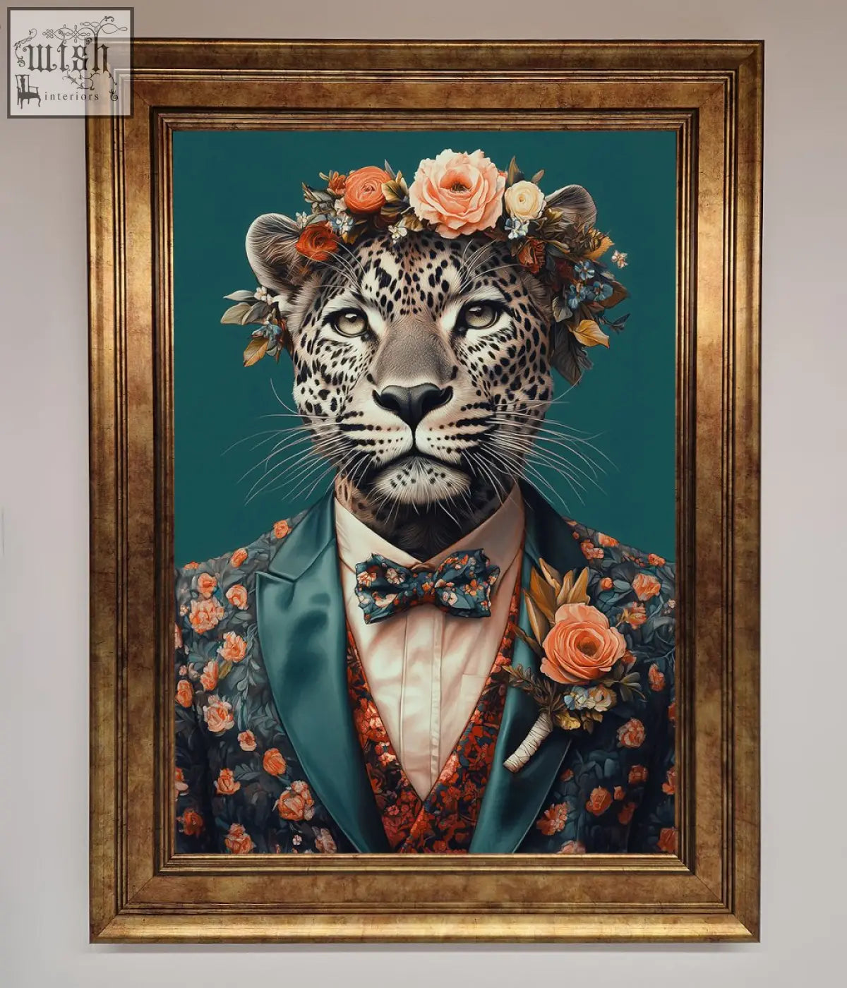 A framed print of a leopard in a floral suit with peach and orange flowers perfect as a flowers framed print