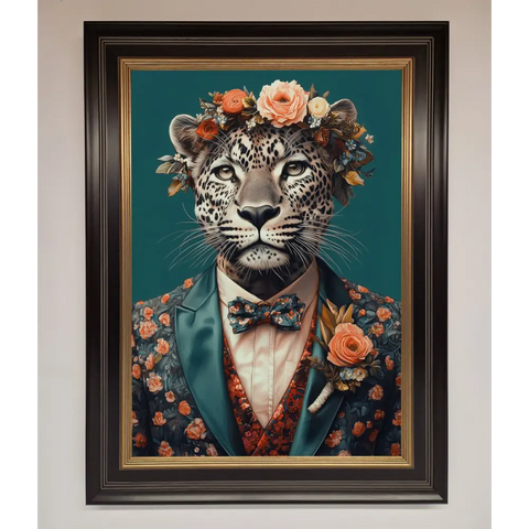 Leopard In a Suit With Flowers Framed Print - B0 (100 x 141 cm) / Black Gold - Framed Print