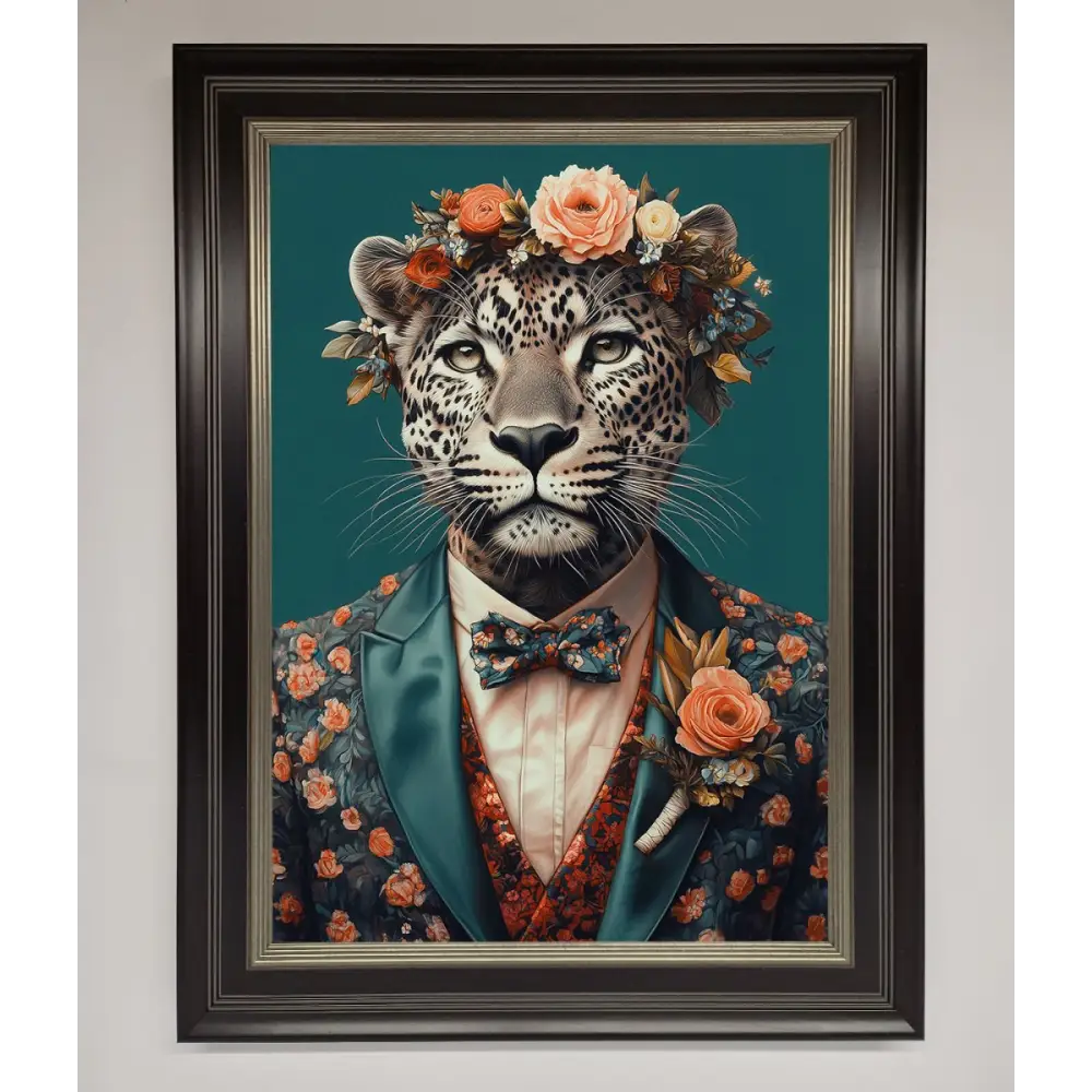 Leopard In a Suit With Flowers Framed Print - B0 (100 x 141 cm) / Black Silver - Framed Print