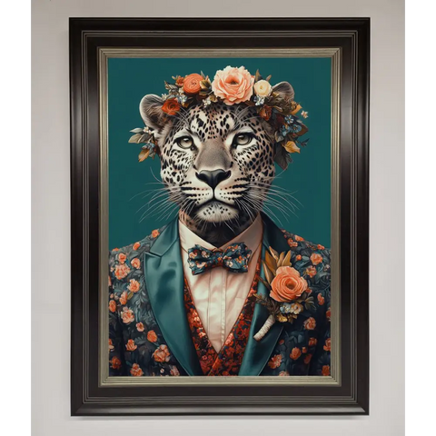 Leopard In a Suit With Flowers Framed Print - B0 (100 x 141 cm) / Black Silver - Framed Print