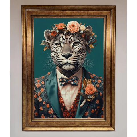 Leopard In a Suit With Flowers Framed Print - B0 (100 x 141 cm) / Bronze - Framed Print