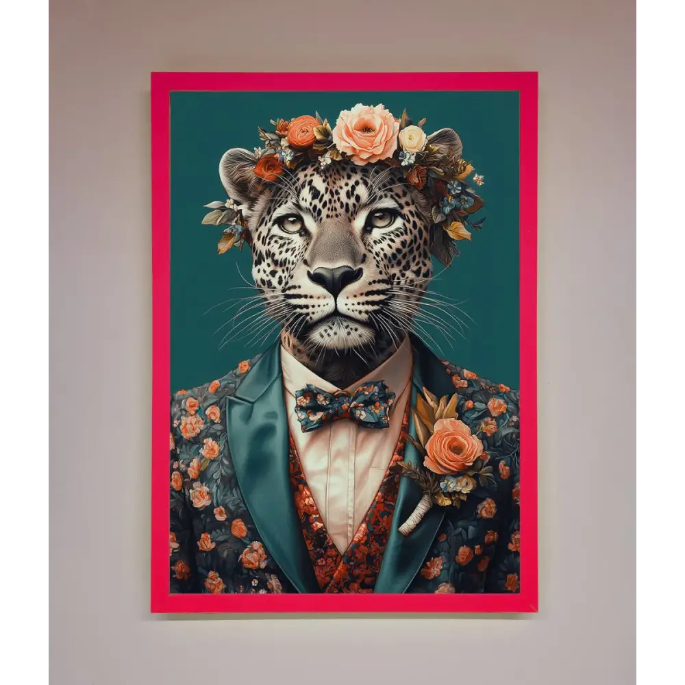 Leopard In a Suit With Flowers Framed Print - B0 (100 x 141 cm) / Neon Pink - Framed Print