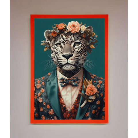 Leopard In a Suit With Flowers Framed Print - B0 (100 x 141 cm) / Neon Red - Framed Print