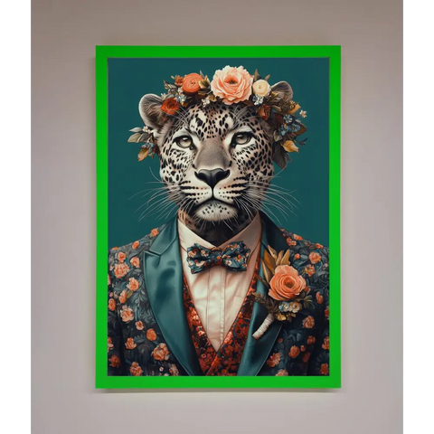 Leopard In a Suit With Flowers Framed Print - B0 (100 x 141 cm) / Neon Dark Green - Framed Print