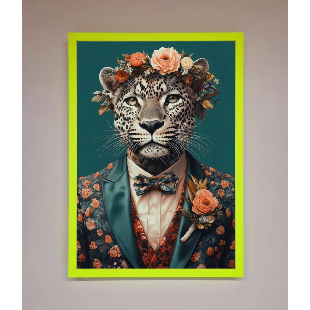 Leopard In a Suit With Flowers Framed Print - B0 (100 x 141 cm) / Neon Green - Framed Print