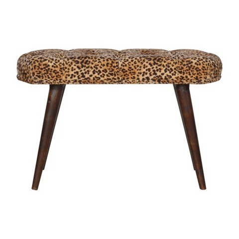 Leopard print deep button tufted bench with dark wood legs perfect for stylish seating in any room