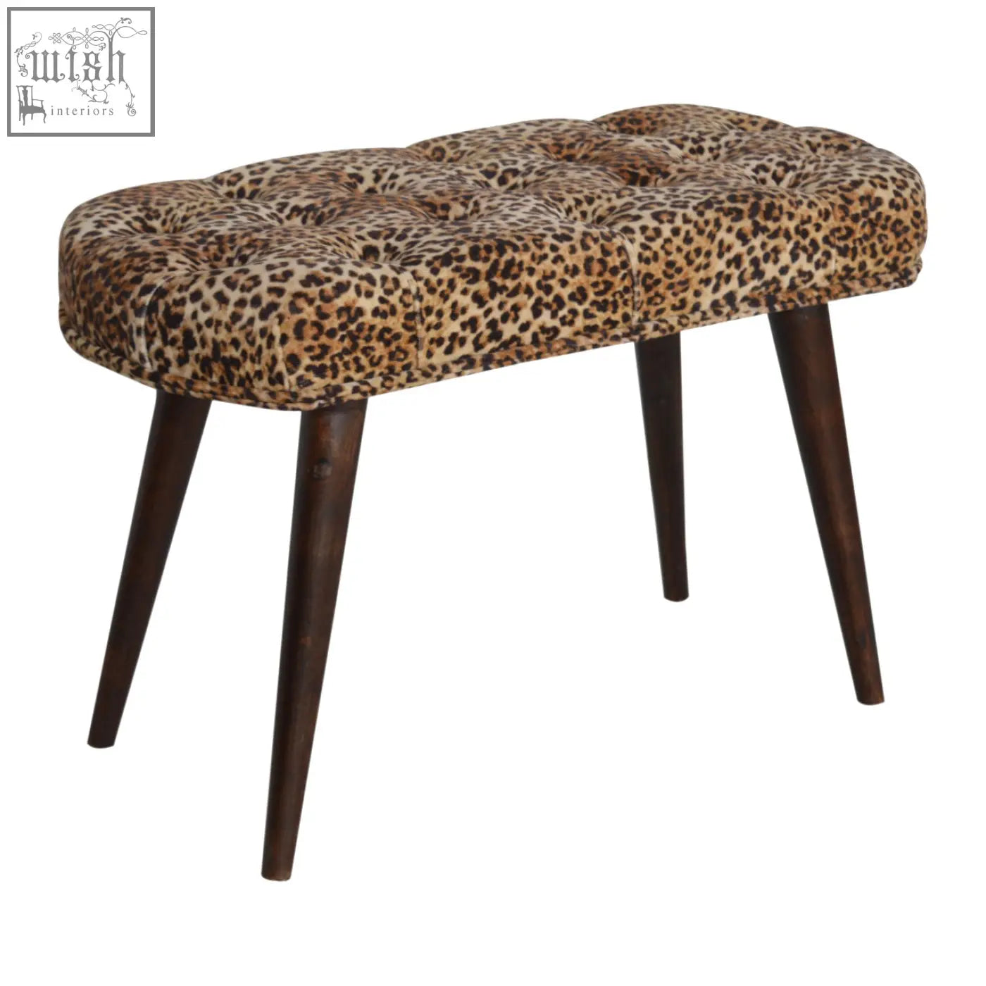 Leopard print deep button tufted bench with dark wood legs perfect for stylish seating in any room