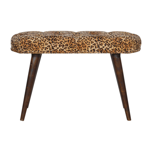 Leopard print deep button tufted bench with dark wood legs perfect for stylish seating
