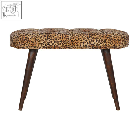 Leopard print deep button tufted bench with dark wood legs perfect for stylish seating and decor