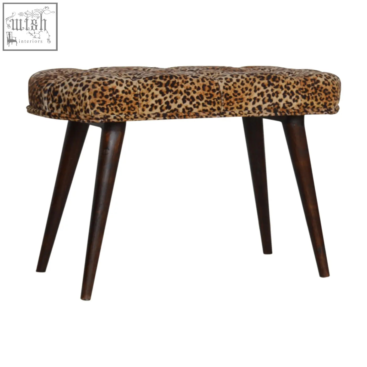 Leopard print deep button tufted bench with dark wood legs perfect for stylish seating and decor