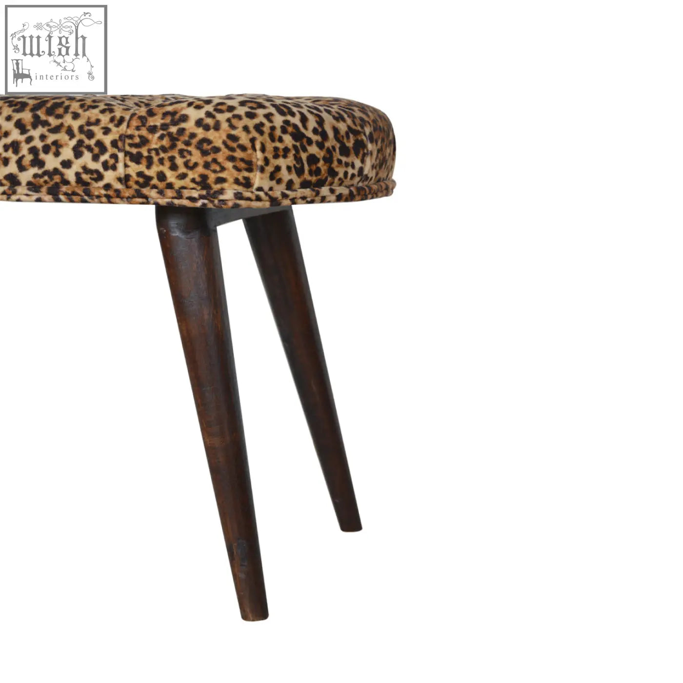 Leopard print deep button tufted bench with dark wood legs perfect for stylish seating and decor