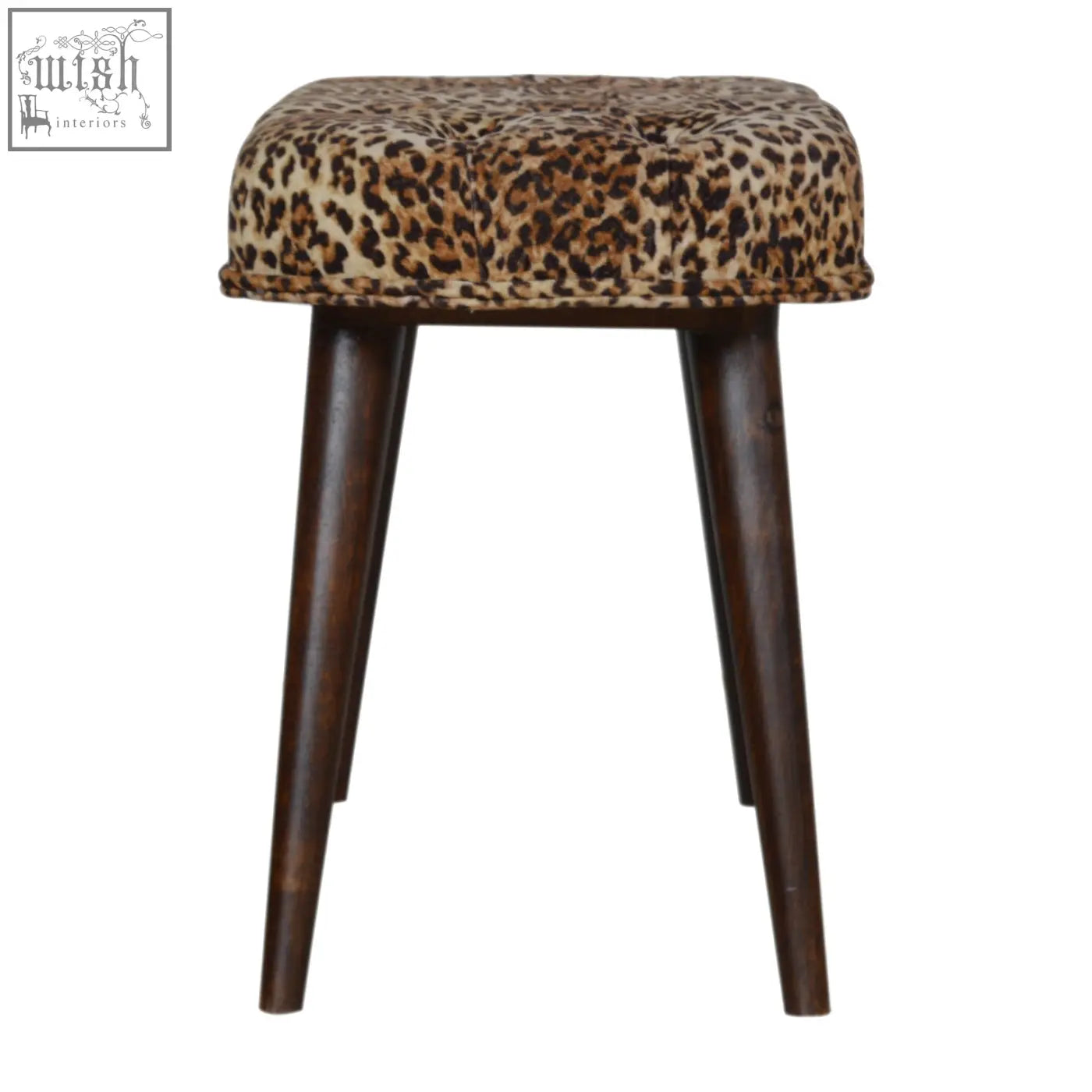Leopard print deep button tufted bench with dark wood legs perfect for stylish seating or decor accents
