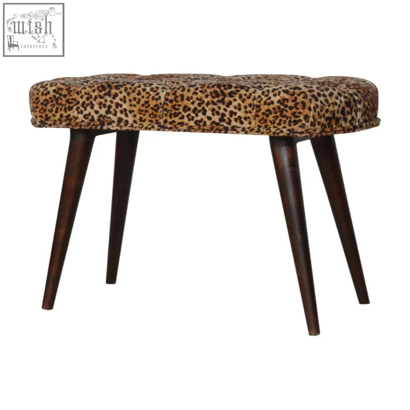 Leopard print deep button tufted bench with dark wood legs perfect for stylish seating and decor