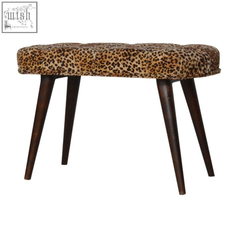 Leopard print deep button tufted bench with dark wood legs perfect for stylish seating and decor