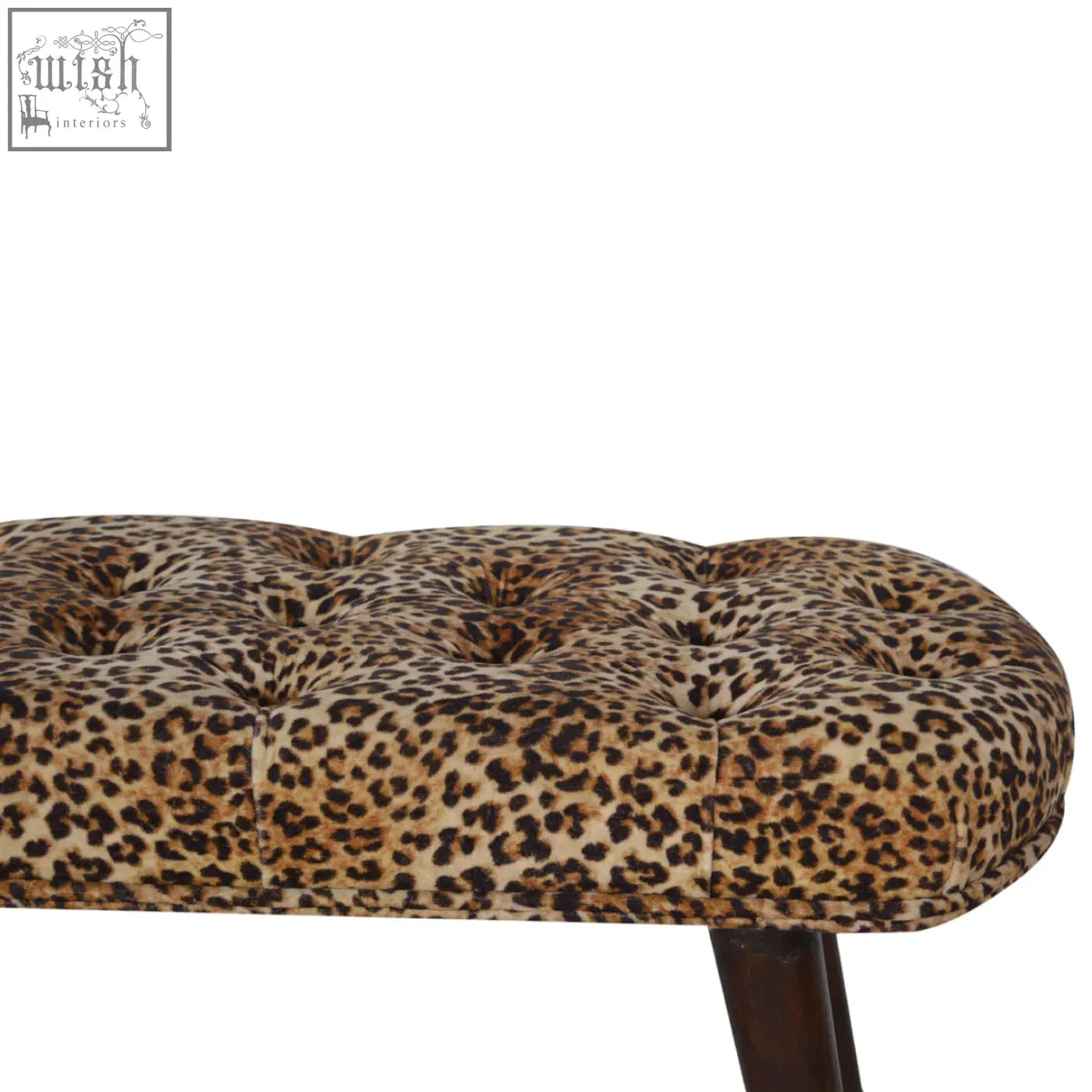 Leopard print deep button tufted bench upholstered in soft velvet with dark brown and tan spots
