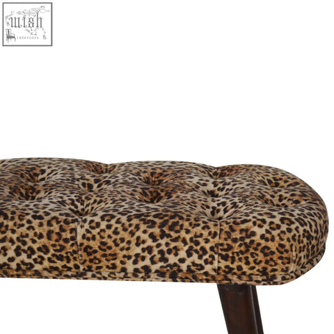 Leopard print deep button tufted bench upholstered in soft velvet with dark brown and tan spots