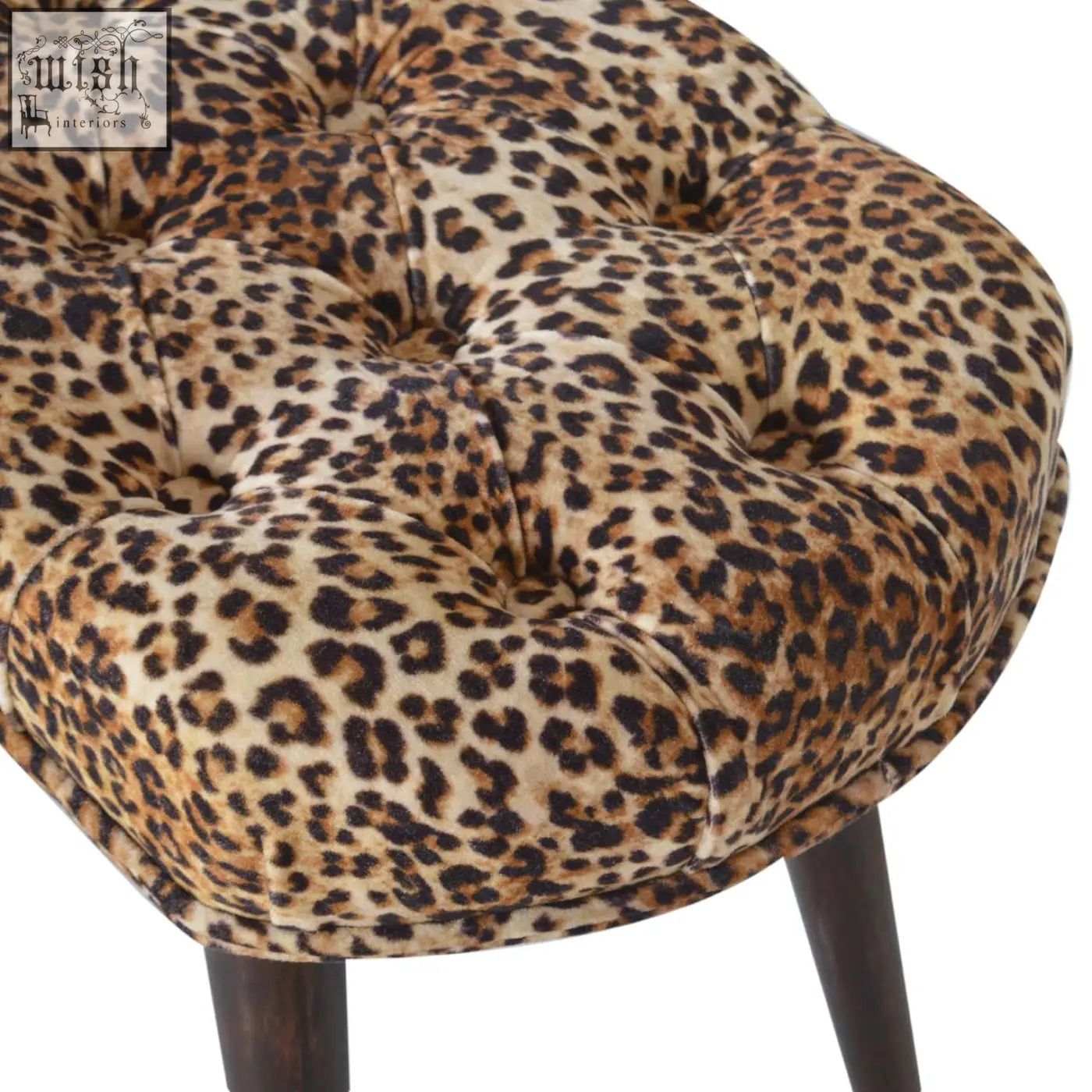Leopard print deep button tufted velvet bench with dark wood legs perfect for stylish seating